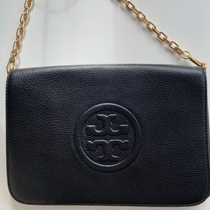 Tory Burch black pebbled clutch with gold chain